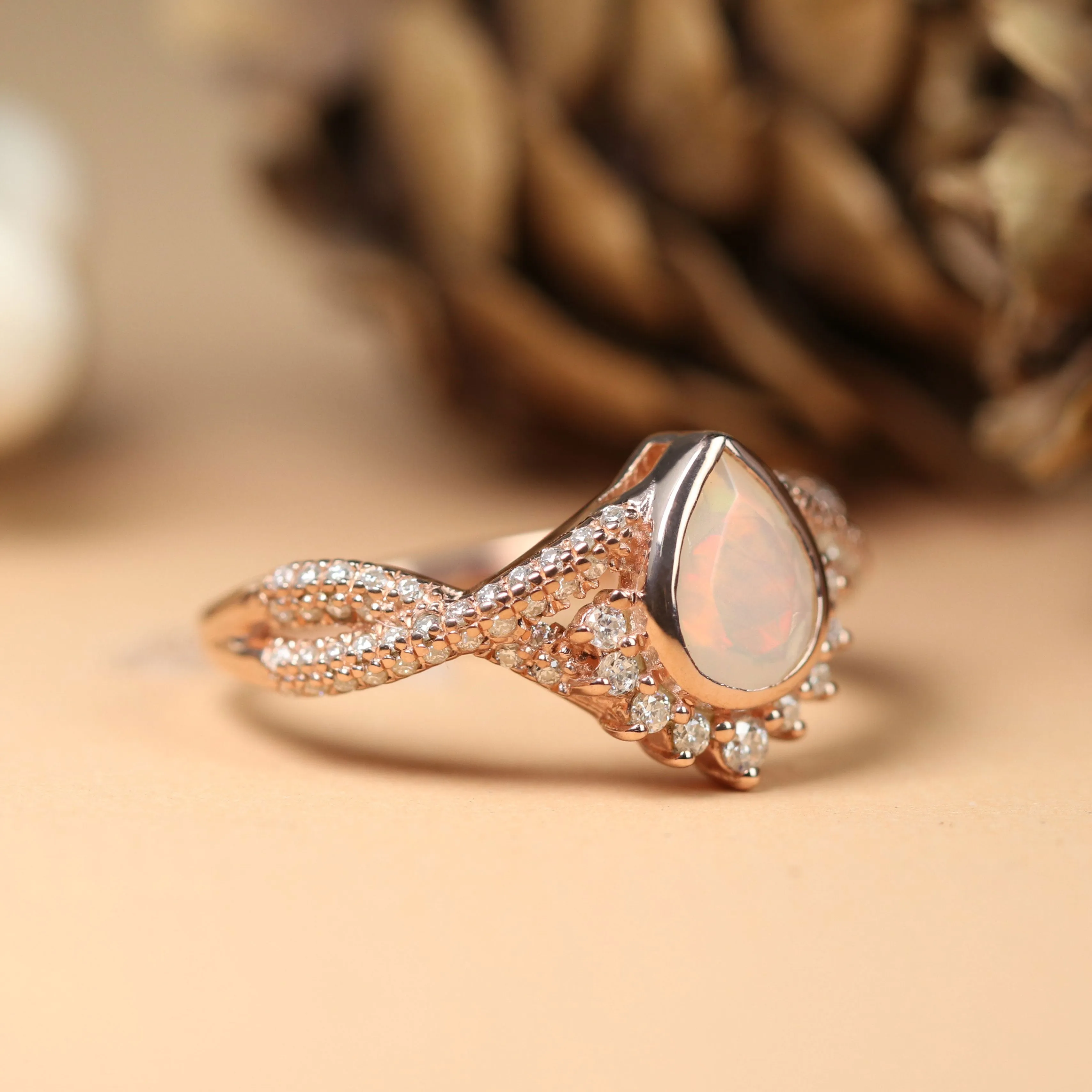 Antique Half Halo 1.5 Carat Pear Shape Opal Engagement Ring in Rose Gold