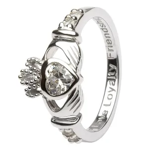APRIL Birthstone Silver Claddagh Ring LS-SL90-4 Inscribed "Love Loyalty Friendship"