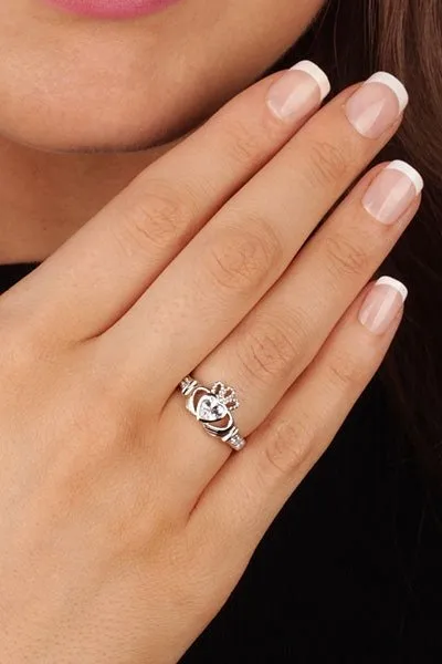 APRIL Birthstone Silver Claddagh Ring LS-SL90-4 Inscribed "Love Loyalty Friendship"