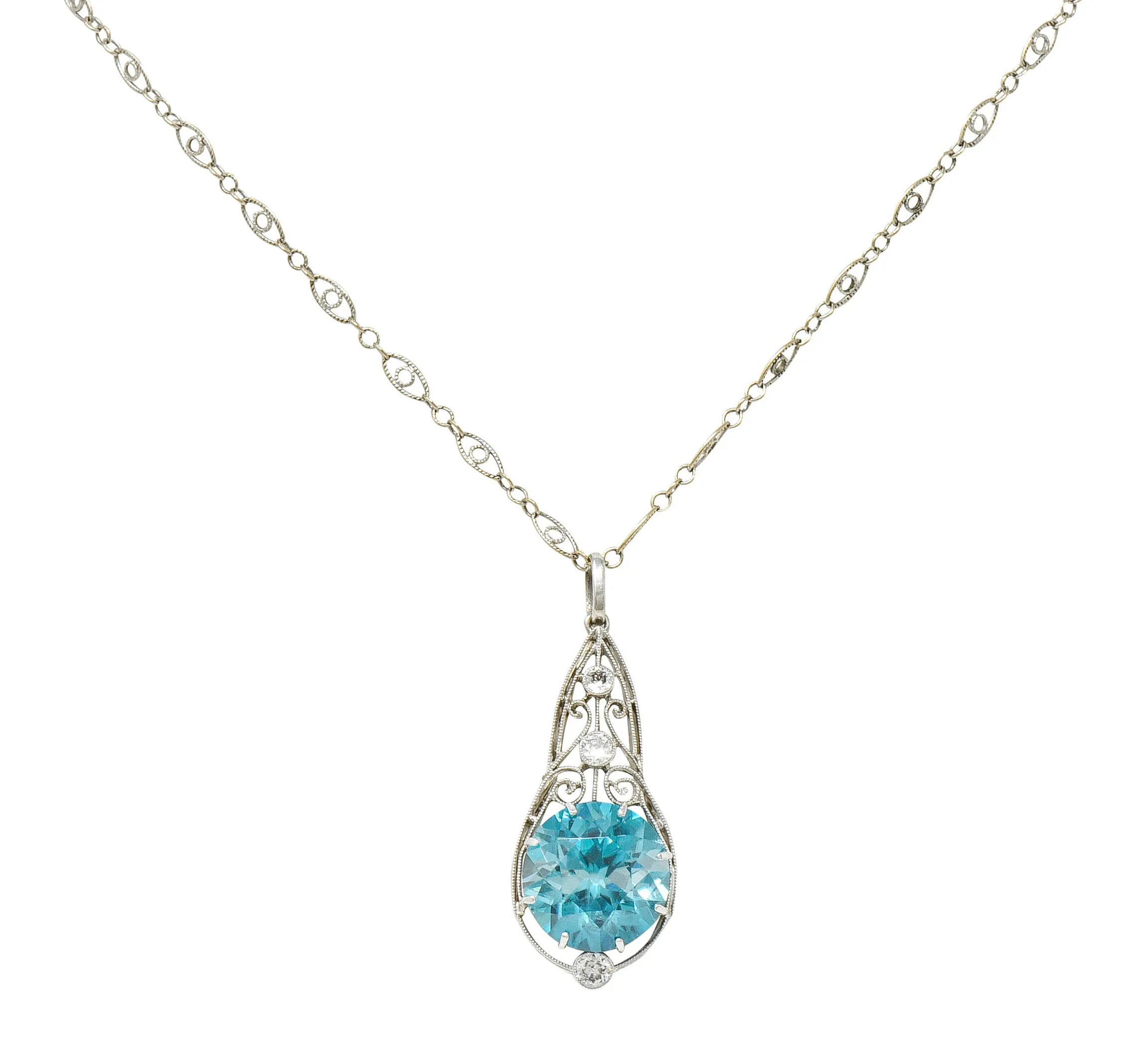 Art Deco Blue Zircon Diamond Platinum Scrolled Pendant Necklace