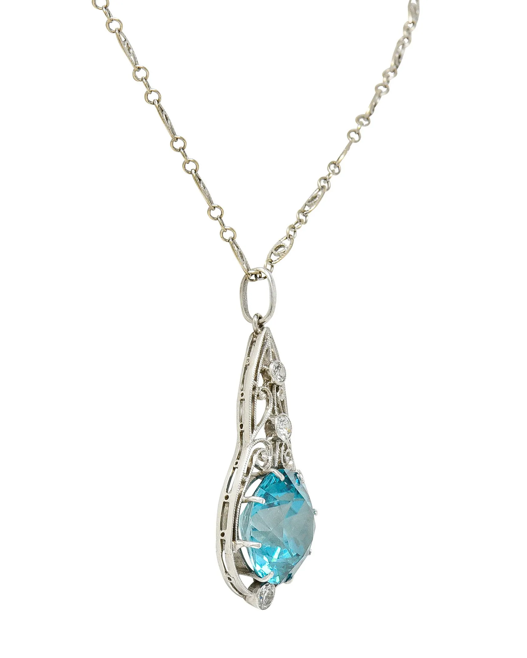 Art Deco Blue Zircon Diamond Platinum Scrolled Pendant Necklace