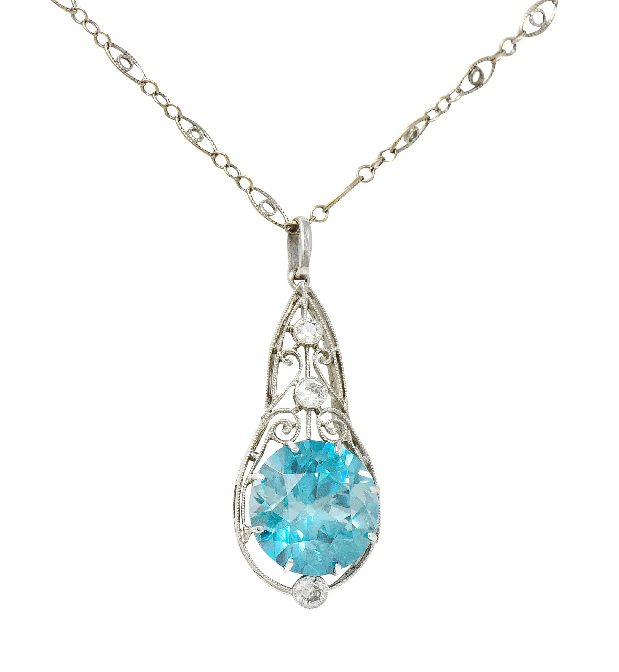 Art Deco Blue Zircon Diamond Platinum Scrolled Pendant Necklace