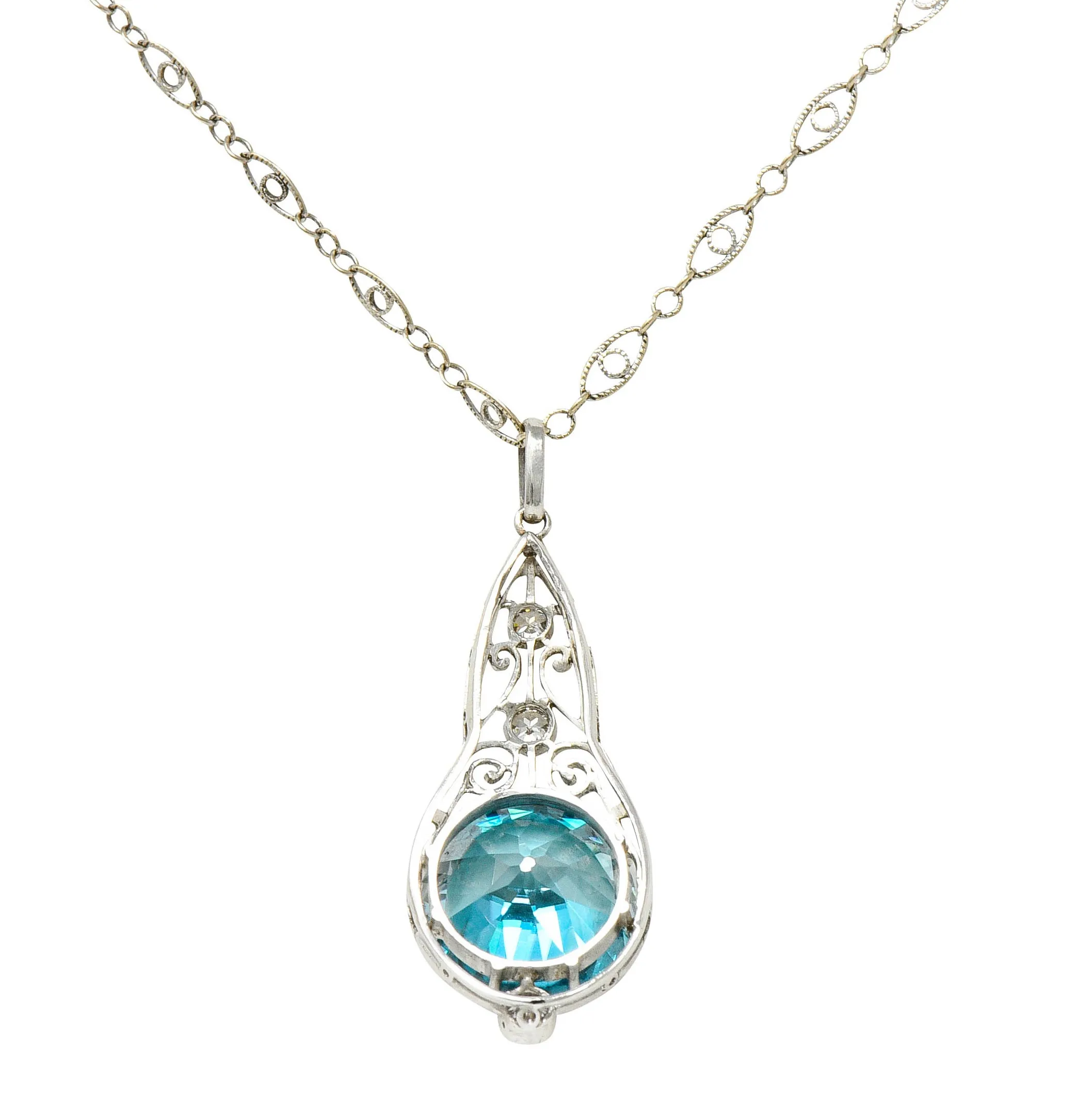 Art Deco Blue Zircon Diamond Platinum Scrolled Pendant Necklace