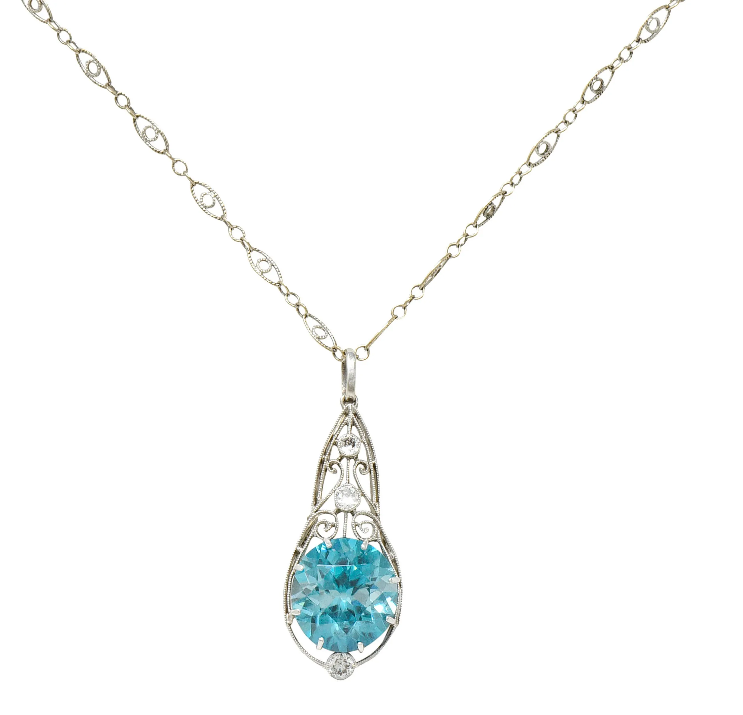 Art Deco Blue Zircon Diamond Platinum Scrolled Pendant Necklace