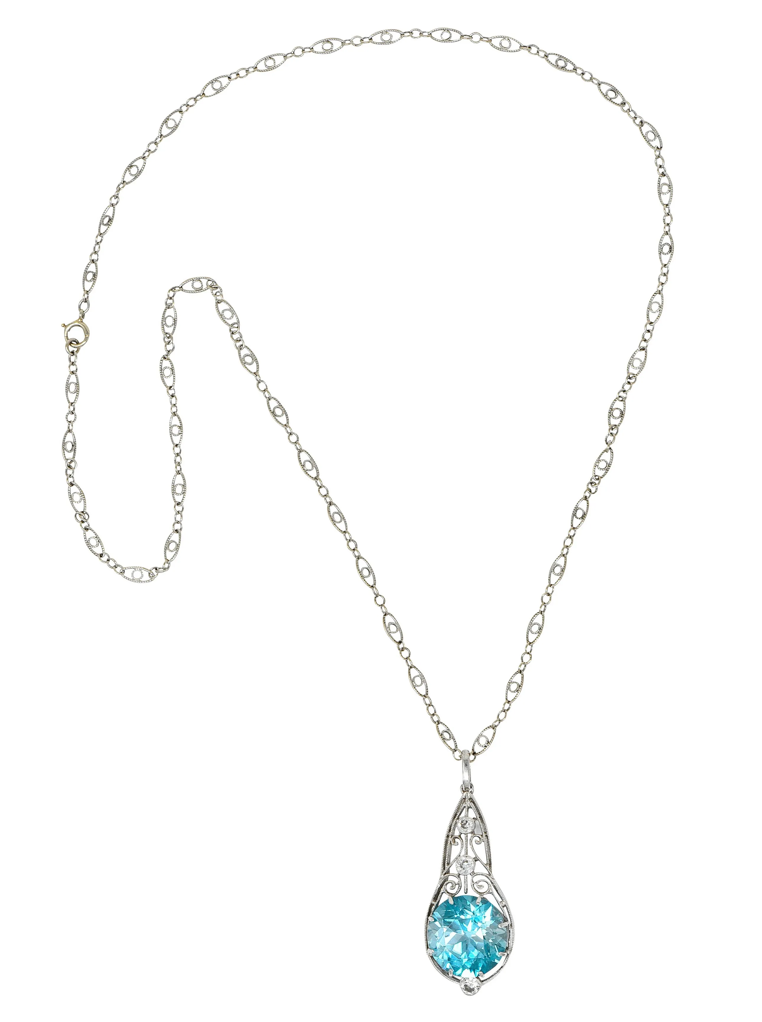 Art Deco Blue Zircon Diamond Platinum Scrolled Pendant Necklace