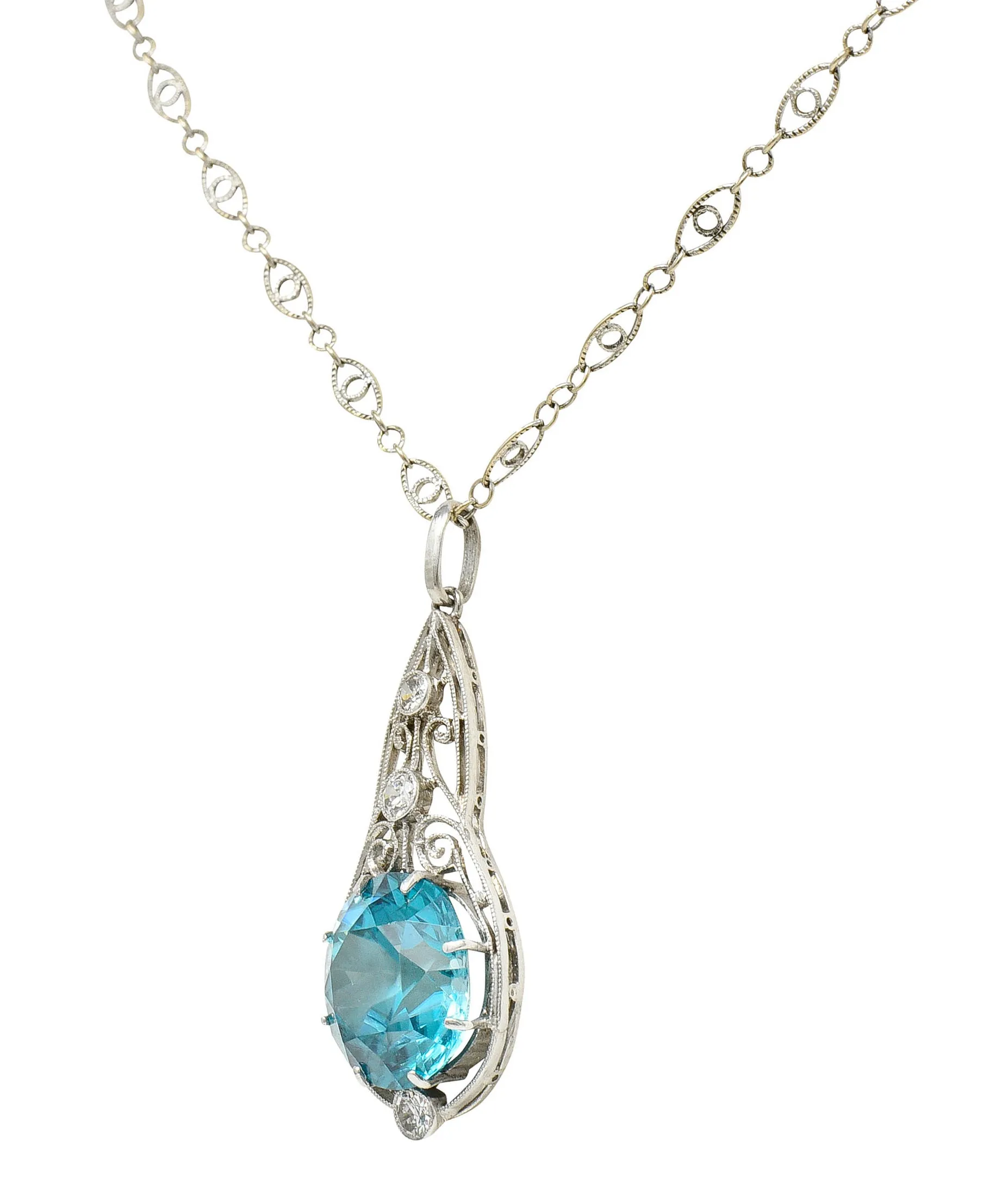 Art Deco Blue Zircon Diamond Platinum Scrolled Pendant Necklace