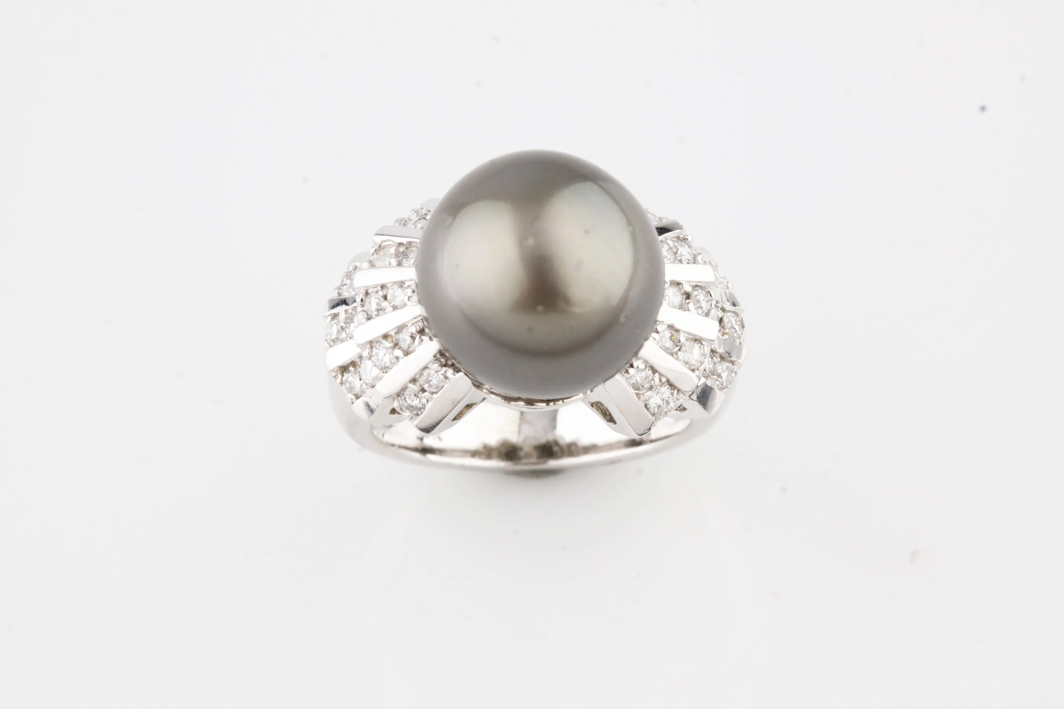 Art Deco Inspired 14k White Gold Tahitian Pearl Solitaire Ring w/ 0.66 ct Dia