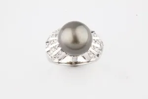 Art Deco Inspired 14k White Gold Tahitian Pearl Solitaire Ring w/ 0.66 ct Dia