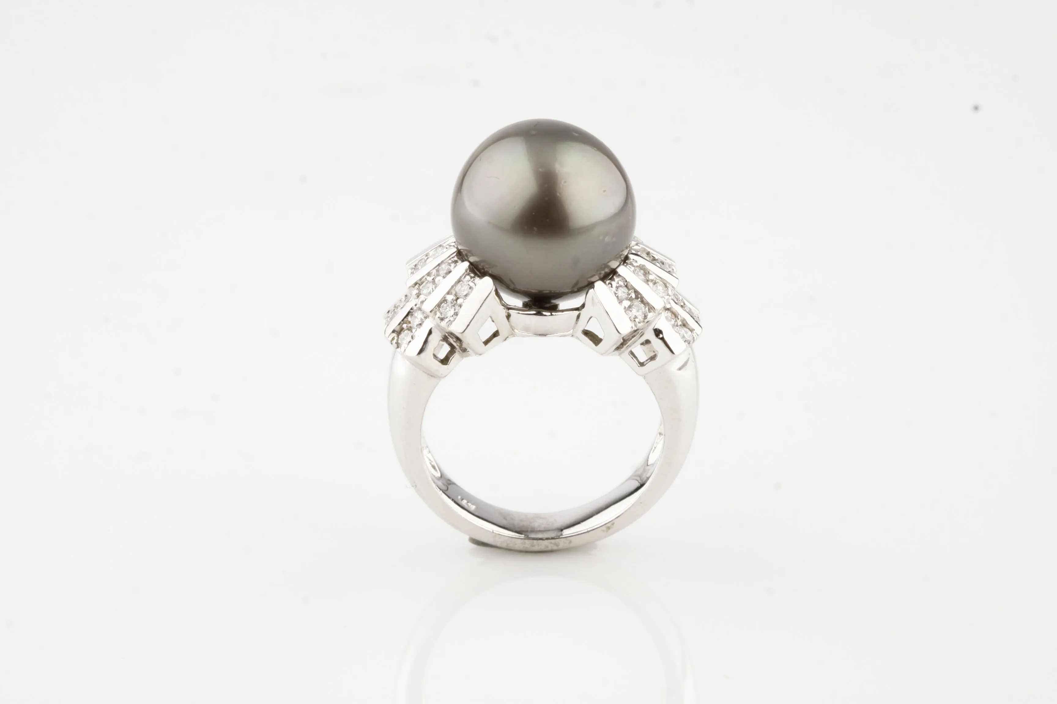 Art Deco Inspired 14k White Gold Tahitian Pearl Solitaire Ring w/ 0.66 ct Dia