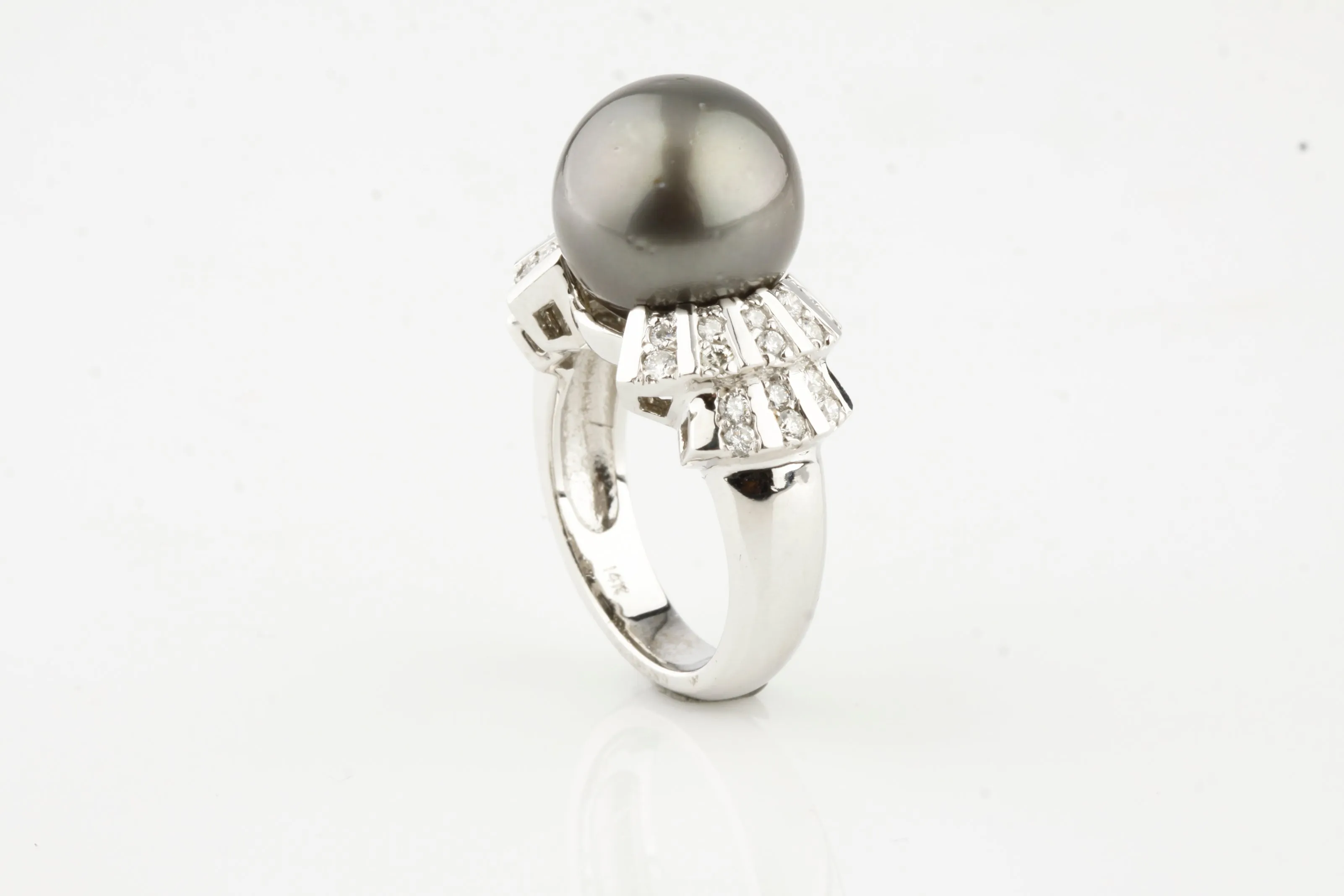 Art Deco Inspired 14k White Gold Tahitian Pearl Solitaire Ring w/ 0.66 ct Dia