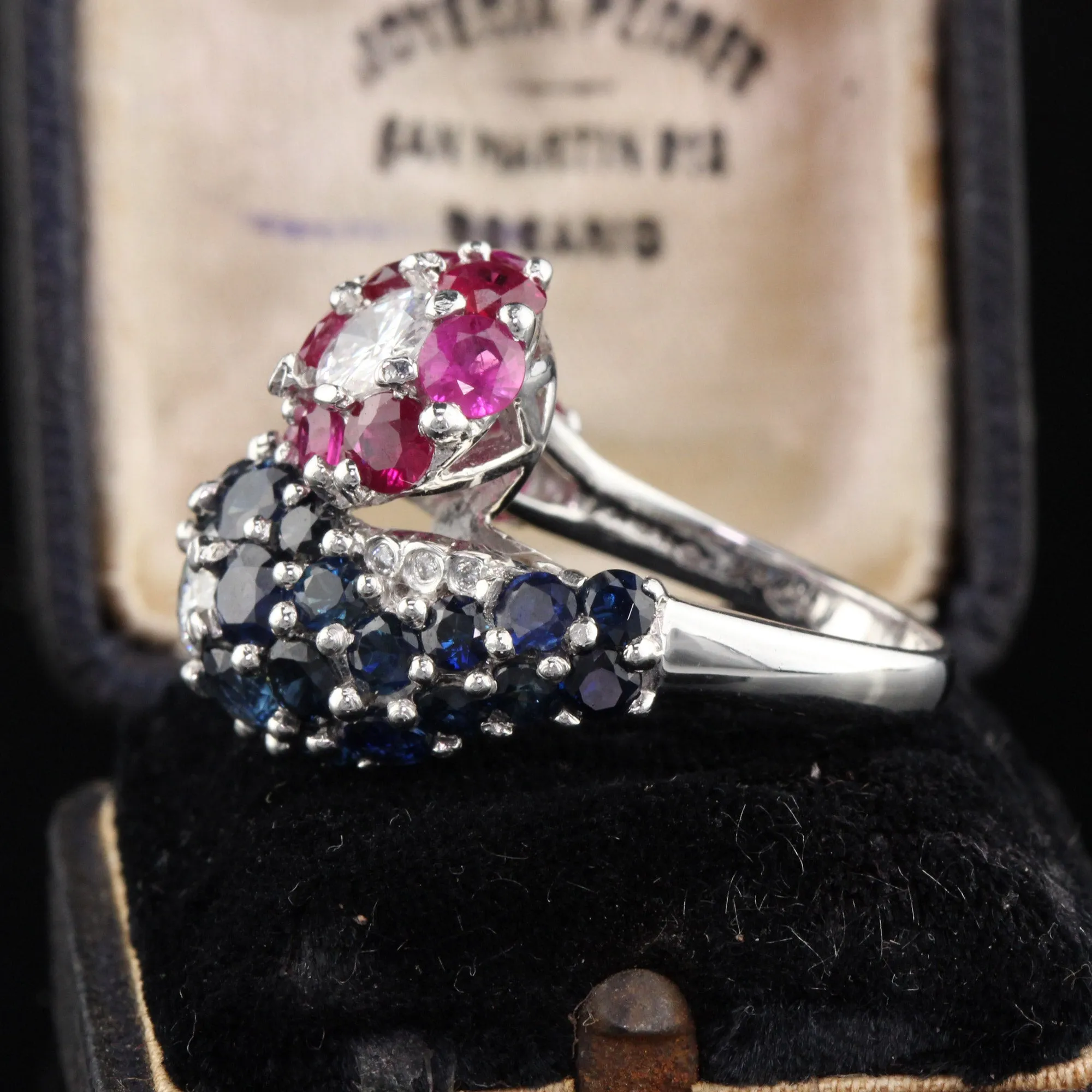 Art Deco Style Platinum Diamond, Sapphire and Ruby Ring