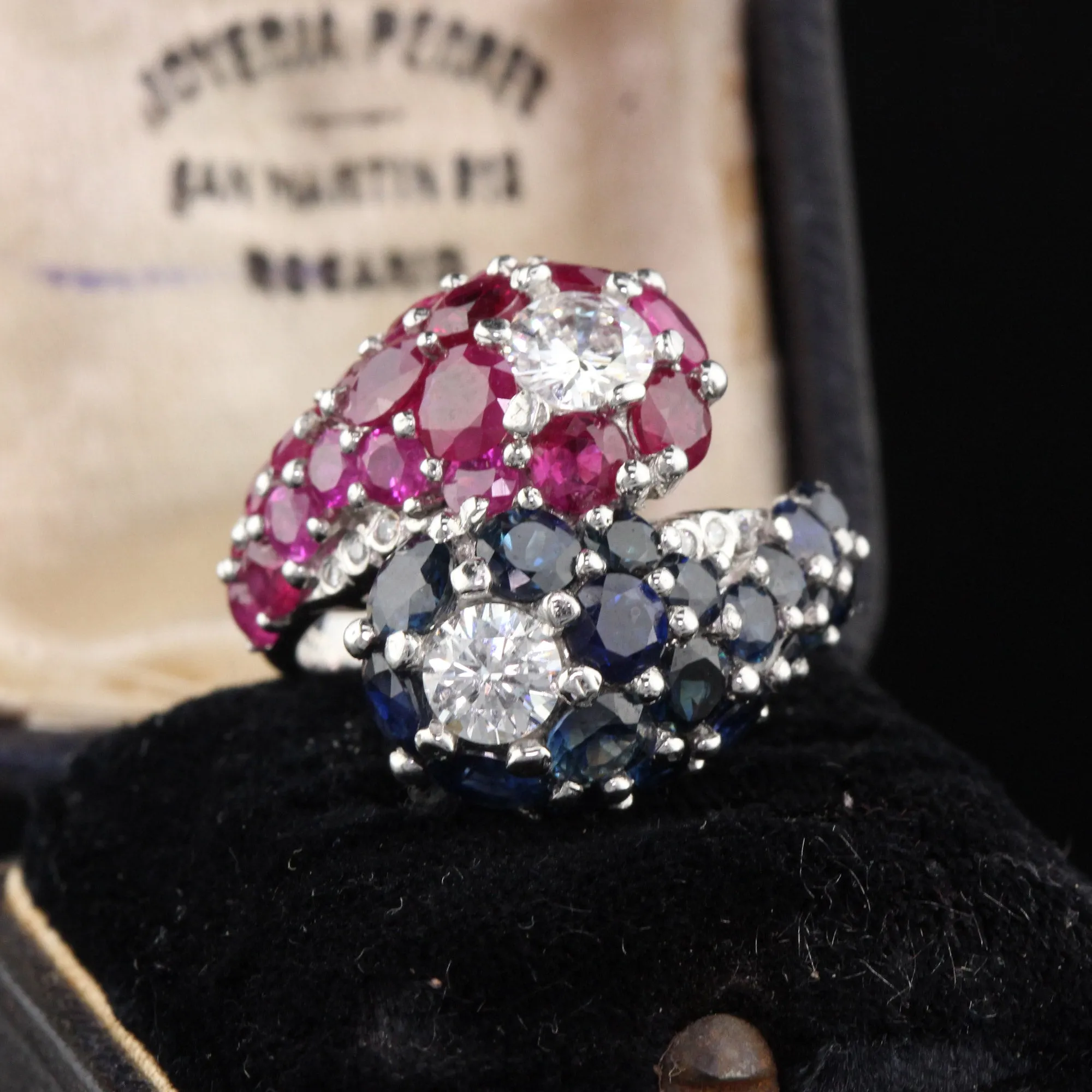 Art Deco Style Platinum Diamond, Sapphire and Ruby Ring