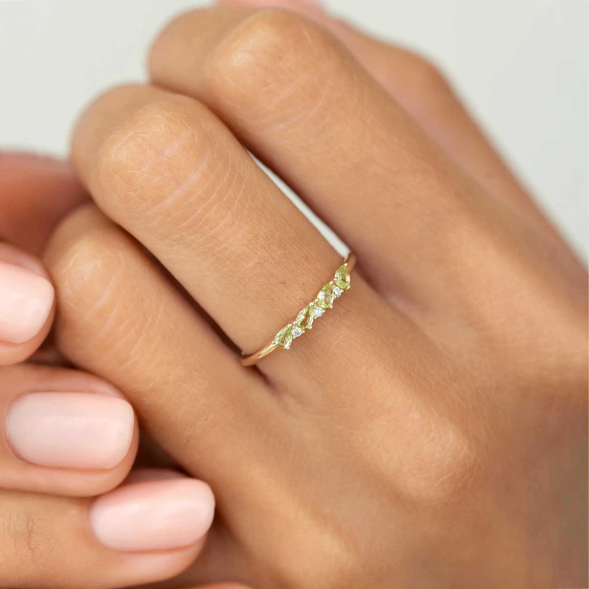 August Birthstone Pear Ring 14k Gold - Olivine and Diamond