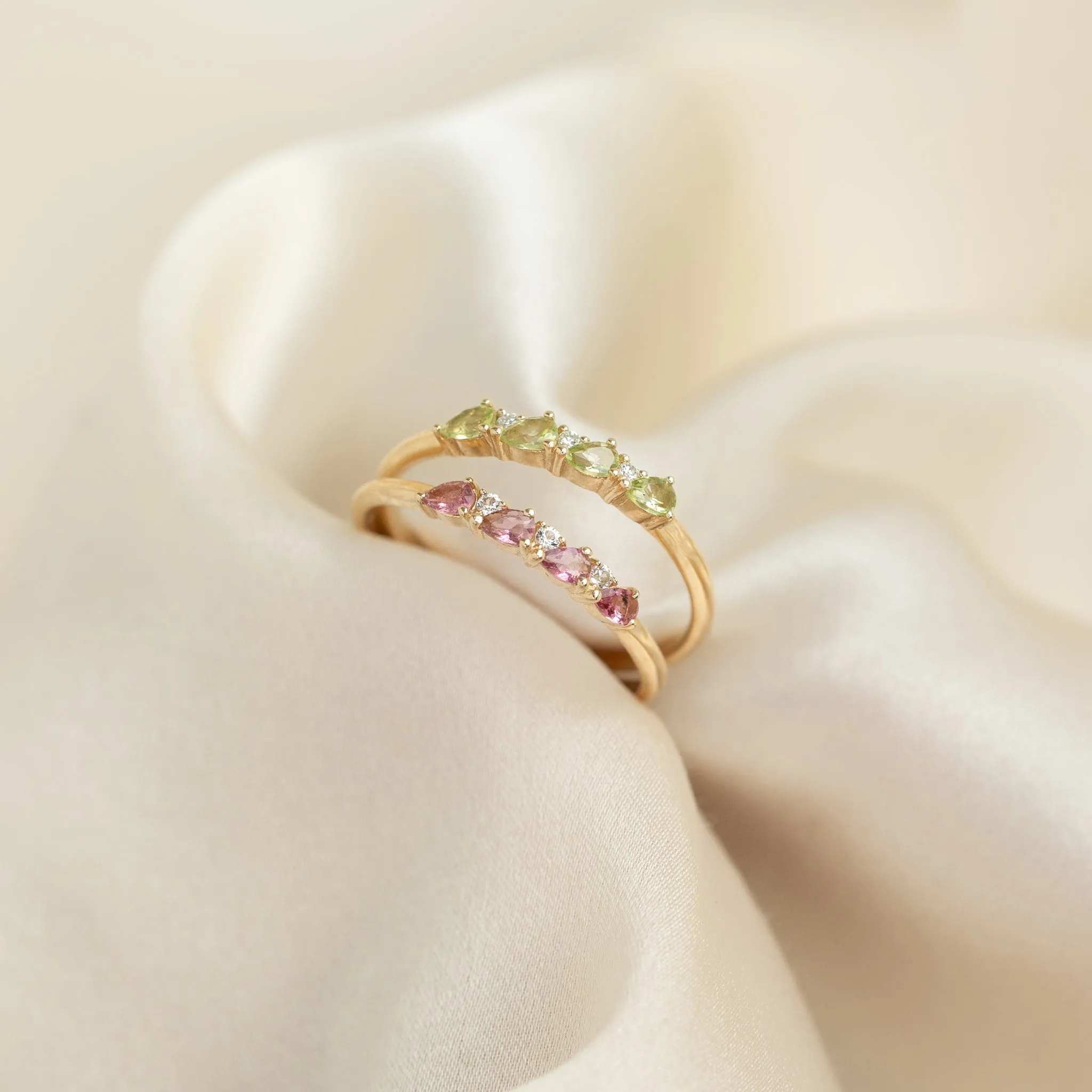 August Birthstone Pear Ring 14k Gold - Olivine and Diamond