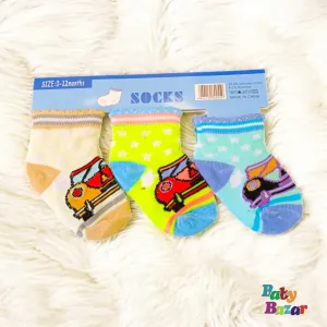 Baby Soft Cotton Socks-3 Pairs (0-12 Months) | Colorful Car Design