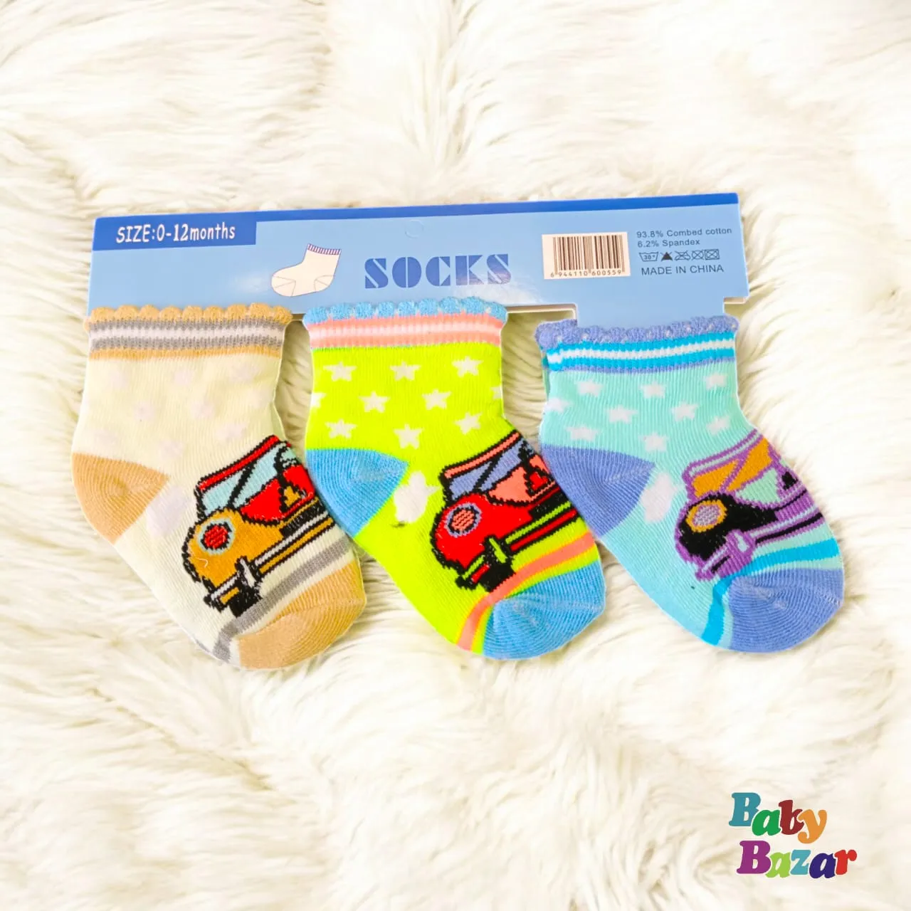 Baby Soft Cotton Socks-3 Pairs (0-12 Months) | Colorful Car Design