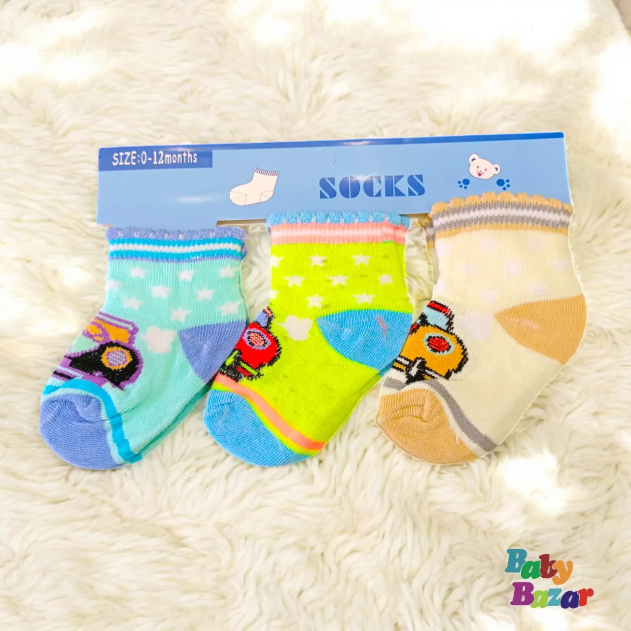 Baby Soft Cotton Socks-3 Pairs (0-12 Months) | Colorful Car Design