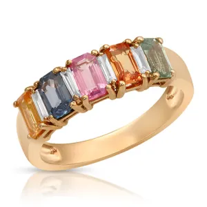 Baguette Cut Multicolor Sapphire Ring in 14k Rose Gold