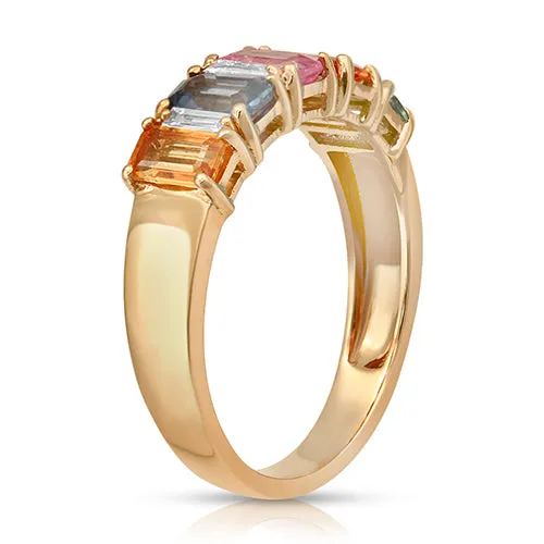 Baguette Cut Multicolor Sapphire Ring in 14k Rose Gold