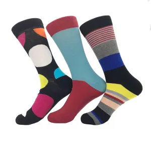 Ball Printed Stripe Mens Colorful Crew Socks - Premium Cotton Fun socks with Soft Elastic - 3 Pack