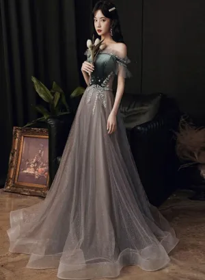 Beautiful Off Shoulder Velvet and Tulle Long Party Dress, A-line Evening Dress Prom Dresse