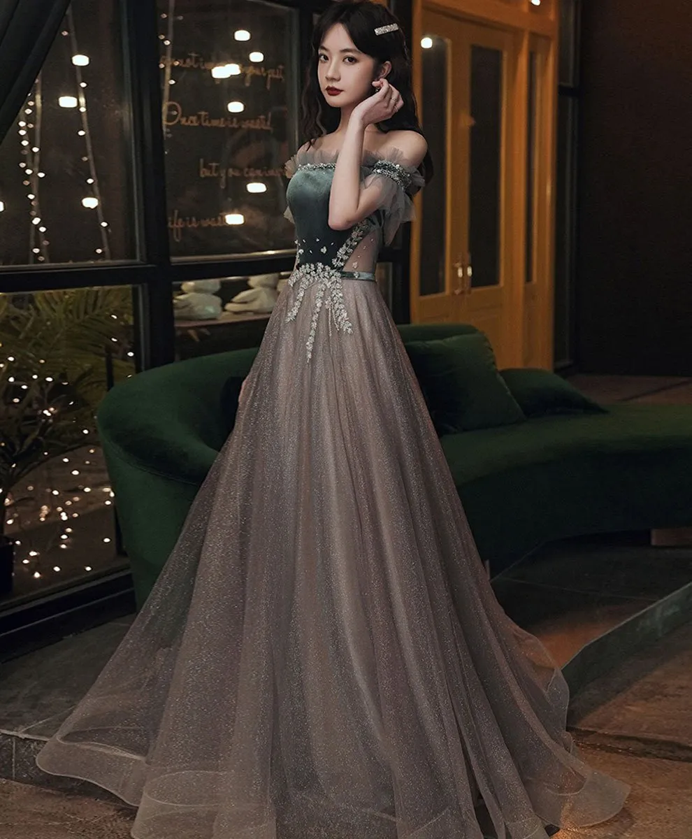 Beautiful Off Shoulder Velvet and Tulle Long Party Dress, A-line Evening Dress Prom Dresse
