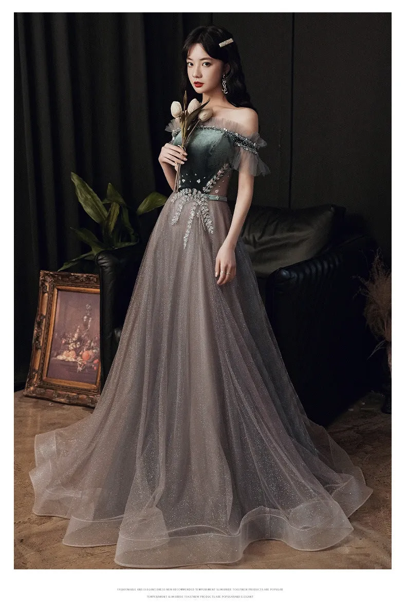 Beautiful Off Shoulder Velvet and Tulle Long Party Dress, A-line Evening Dress Prom Dresse
