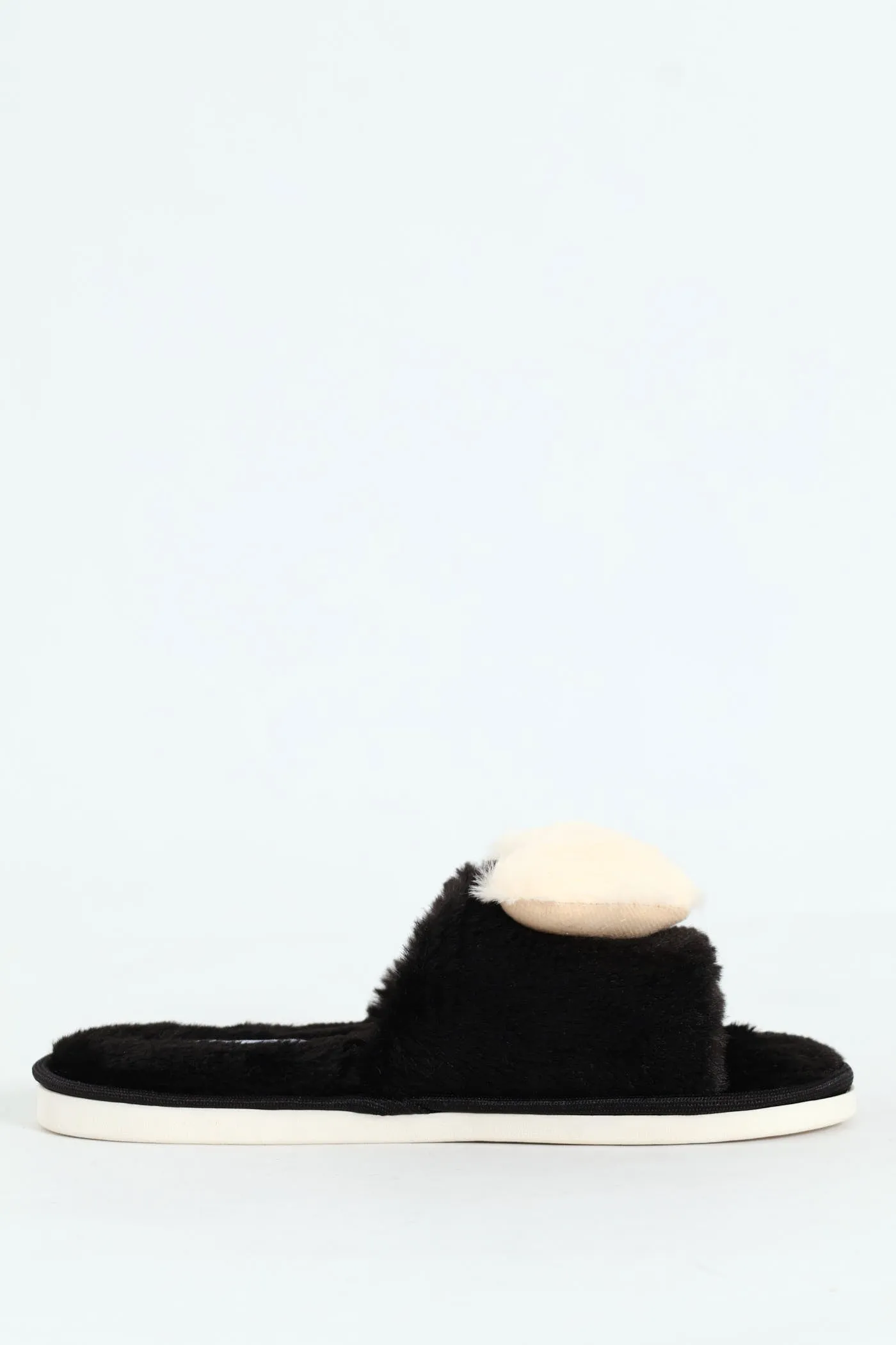 Big Fur Heart Open Toe Slipper - Black/Beige