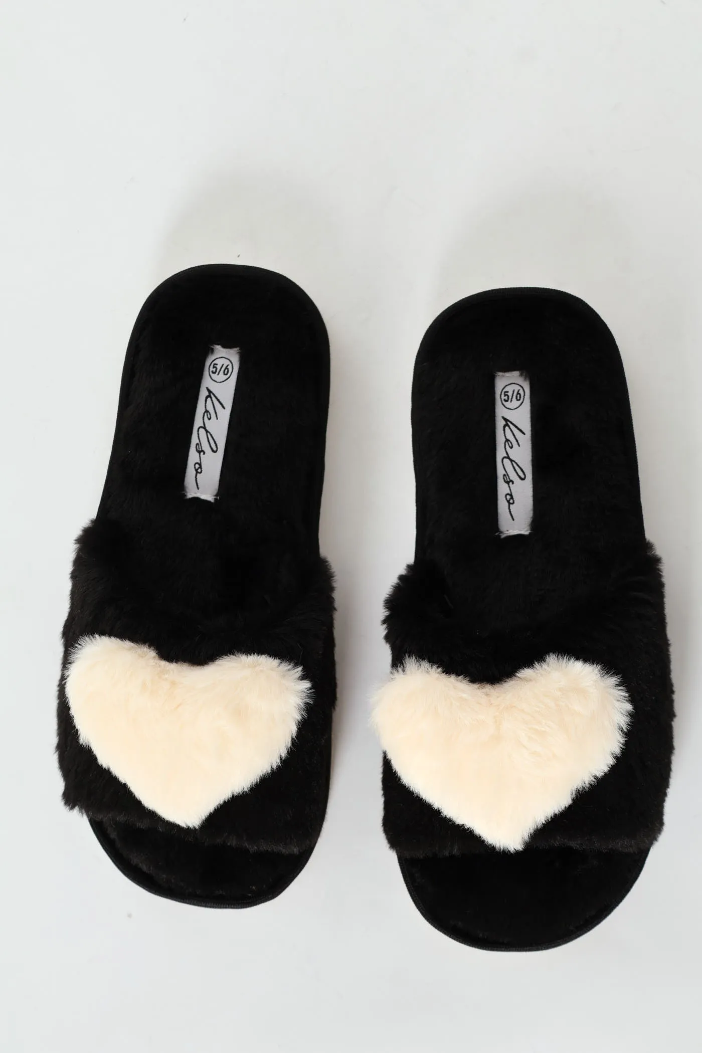 Big Fur Heart Open Toe Slipper - Black/Beige