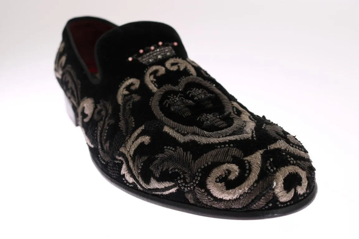 Black Crown Bee Embroidered Velvet Shoes