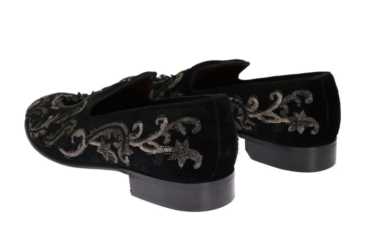 Black Crown Bee Embroidered Velvet Shoes