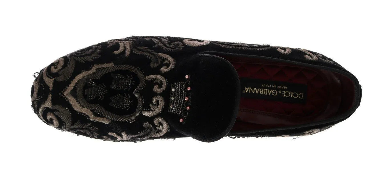 Black Crown Bee Embroidered Velvet Shoes