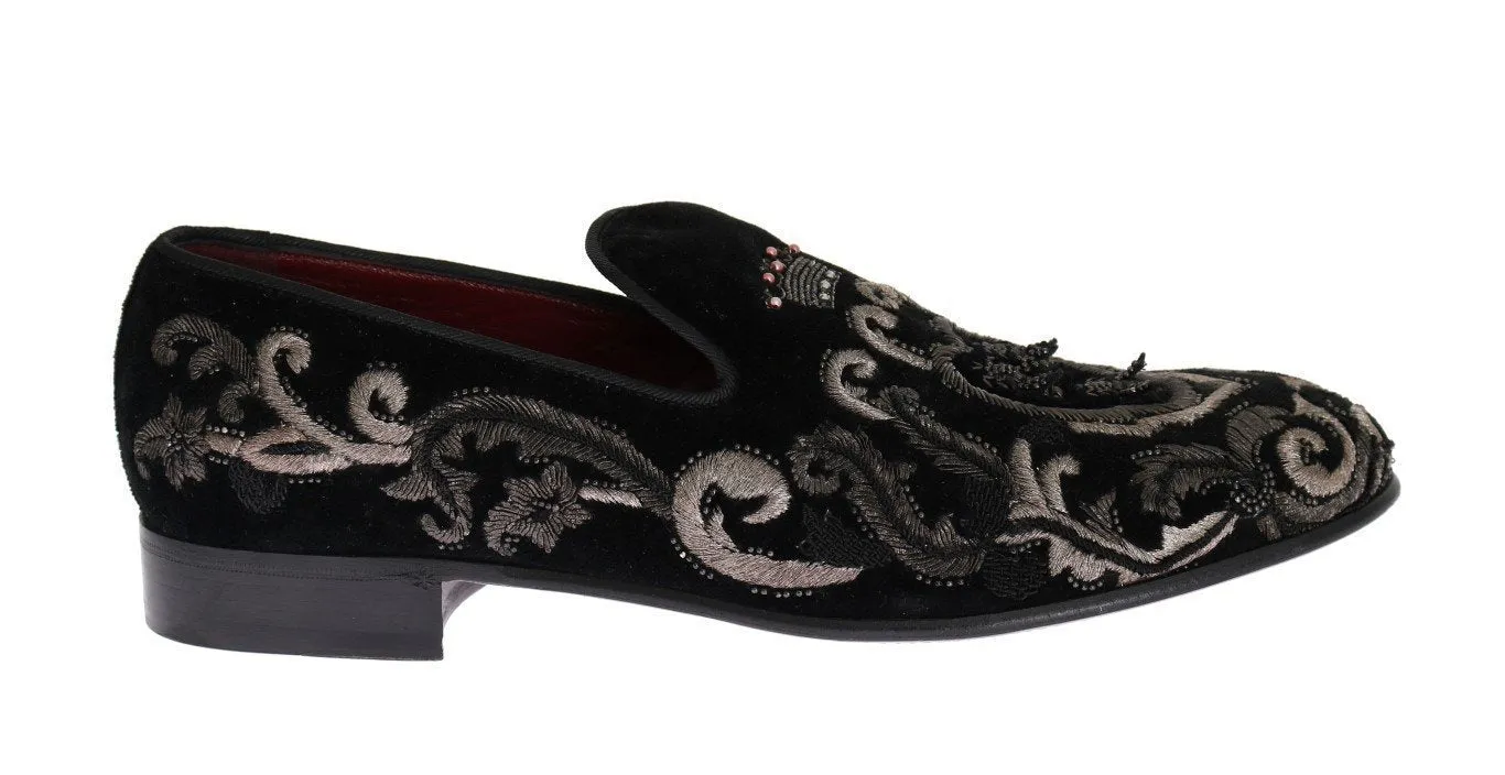 Black Crown Bee Embroidered Velvet Shoes
