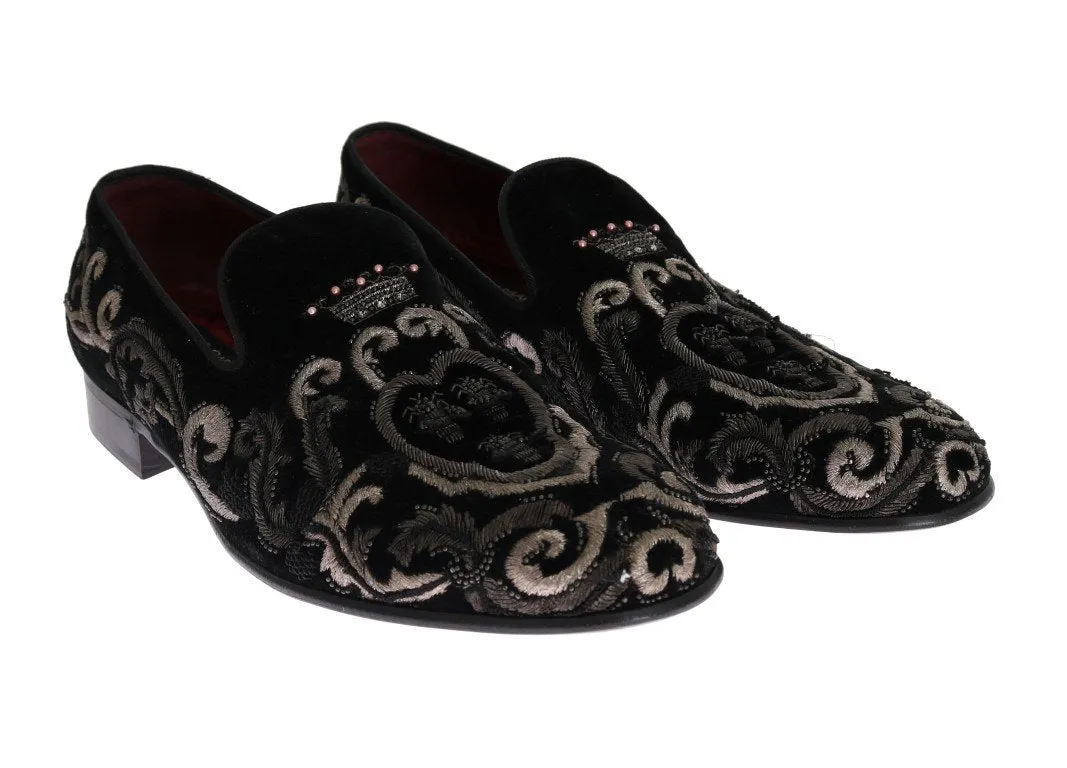 Black Crown Bee Embroidered Velvet Shoes