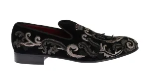 Black Crown Bee Embroidered Velvet Shoes