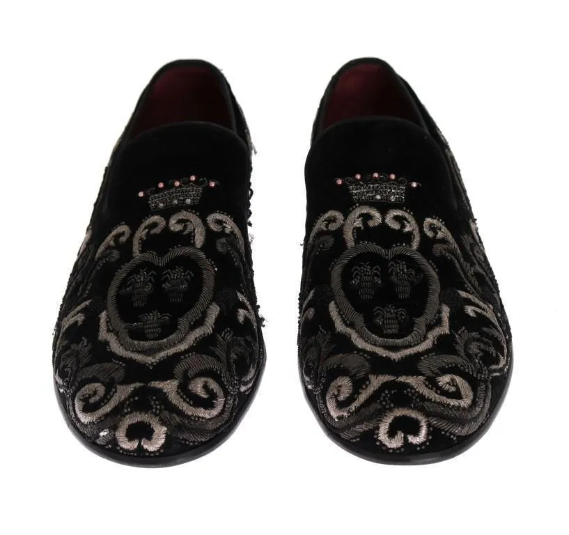 Black Crown Bee Embroidered Velvet Shoes