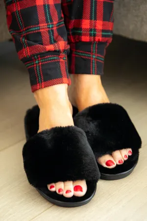 Black Faux Fur Slippers