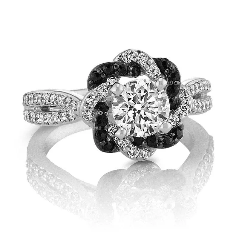 Black Flower Zircon Halo Ring Engagement Jewelry for Women Gift