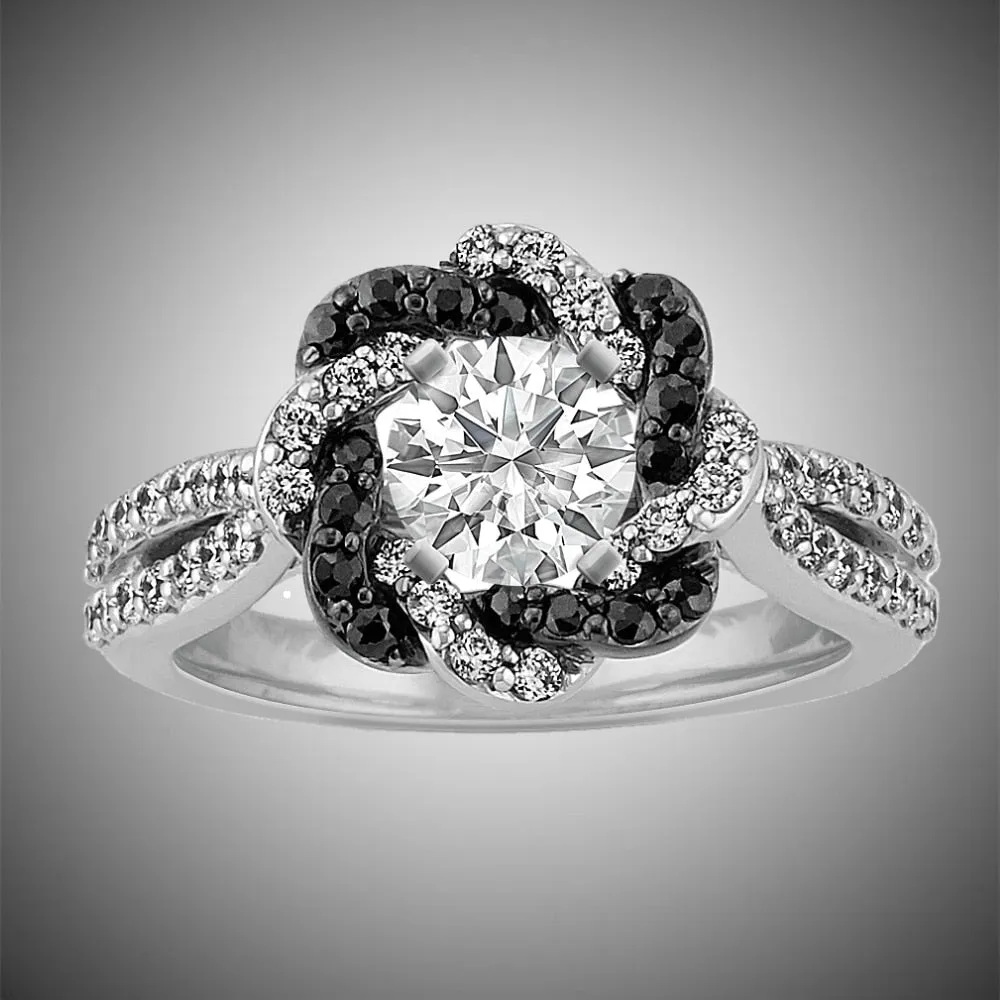 Black Flower Zircon Halo Ring Engagement Jewelry for Women Gift