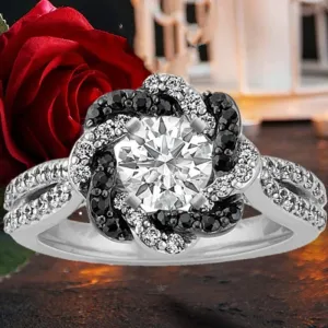 Black Flower Zircon Halo Ring Engagement Jewelry for Women Gift