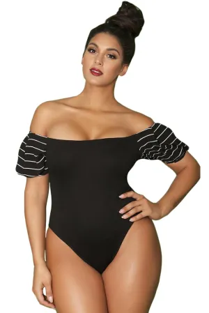 Black Plus Size Off The Shoulder Pleated Sleeves Bodysuit