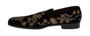 Black Velvet Gold Floral Loafers