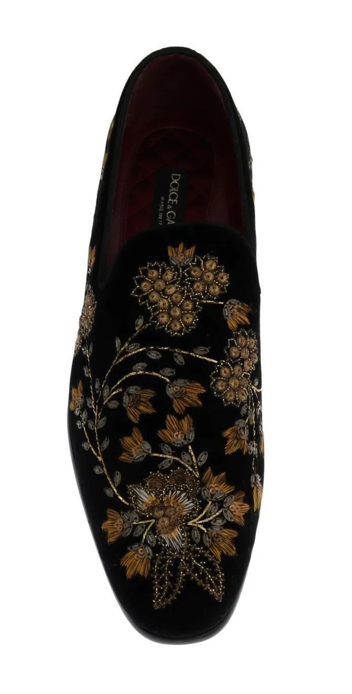Black Velvet Gold Floral Loafers