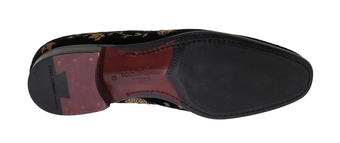 Black Velvet Gold Floral Loafers