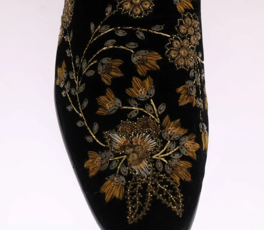 Black Velvet Gold Floral Loafers