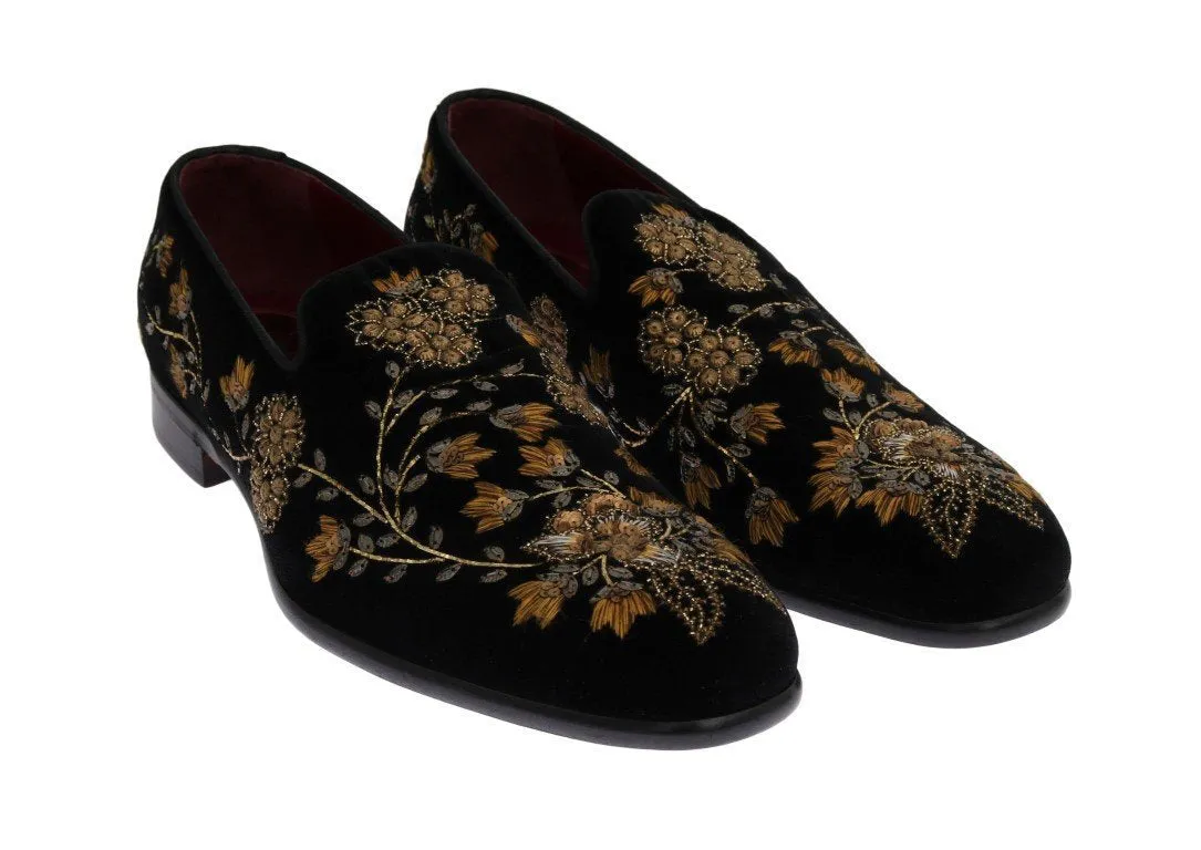 Black Velvet Gold Floral Loafers