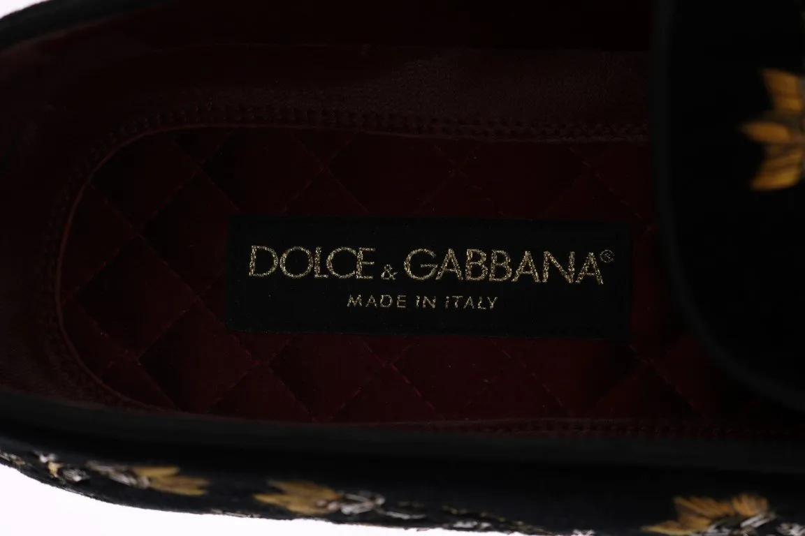Black Velvet Gold Floral Loafers