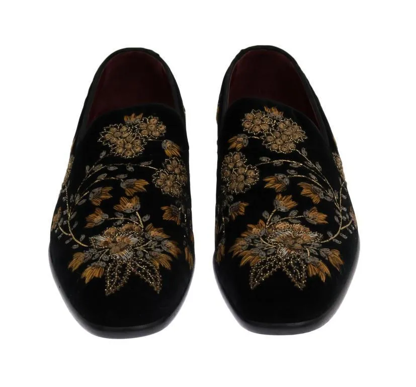 Black Velvet Gold Floral Loafers
