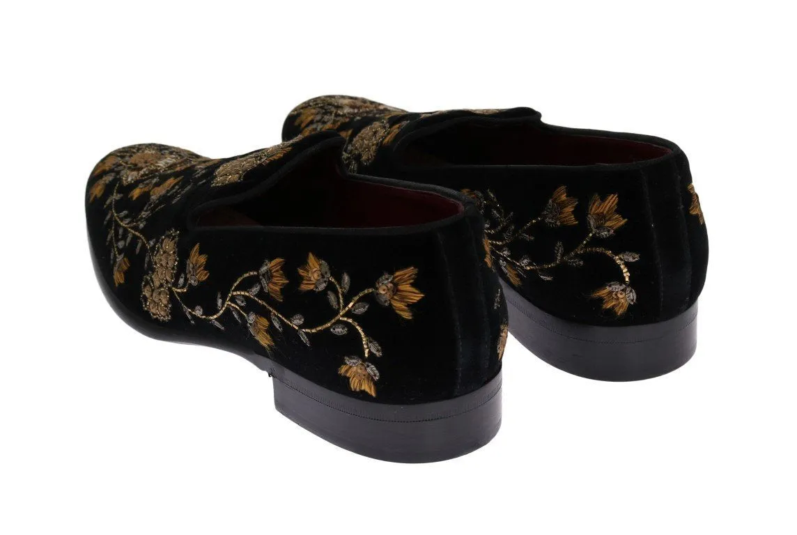 Black Velvet Gold Floral Loafers