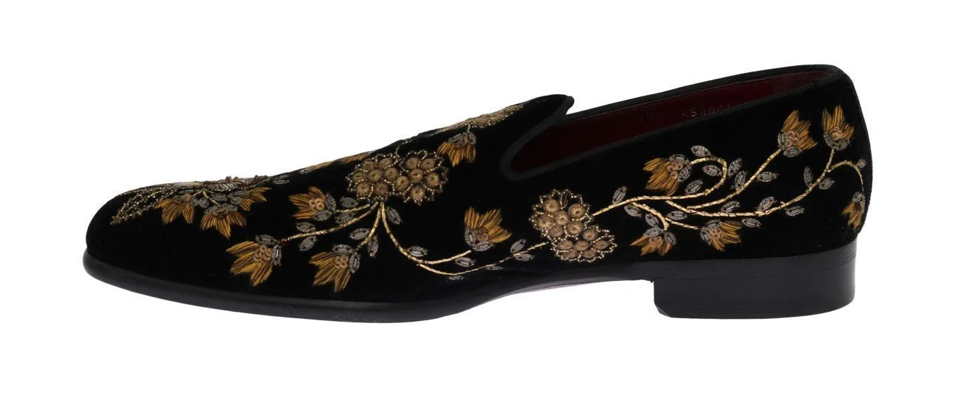Black Velvet Gold Floral Loafers